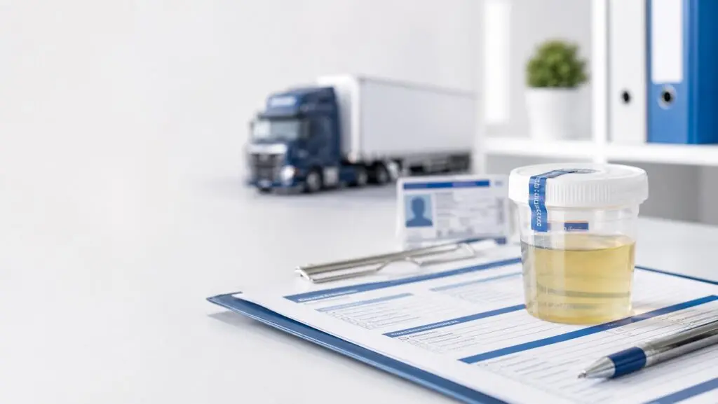 Sealed specimen cup on a drug testing form with a clipboard, pen, CDL-style card, and blurred semi-truck in a clean healthcare compliance setting.