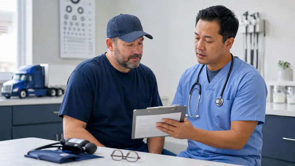 Commercial driver reviewing a DOT medical examination checklist with a clinician in an occupational health clinic