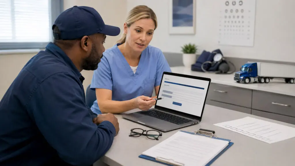 Commercial driver checking a medical examiner’s National Registry listing before a DOT physical