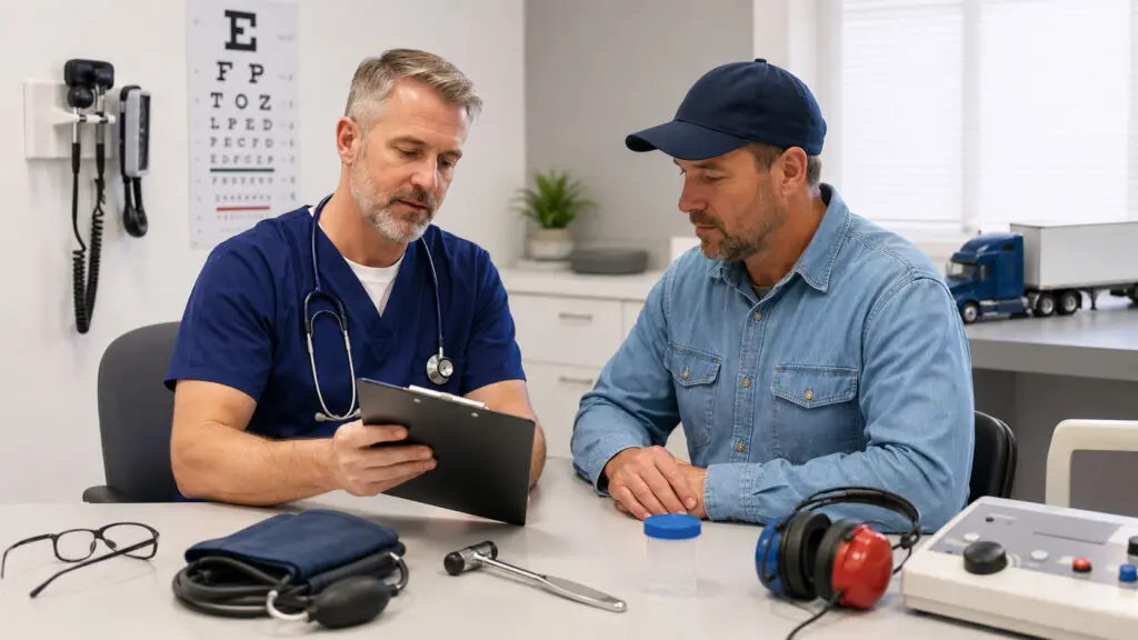 Certified Medical Examiner reviewing a DOT physical checklist and examination results with a commercial driver