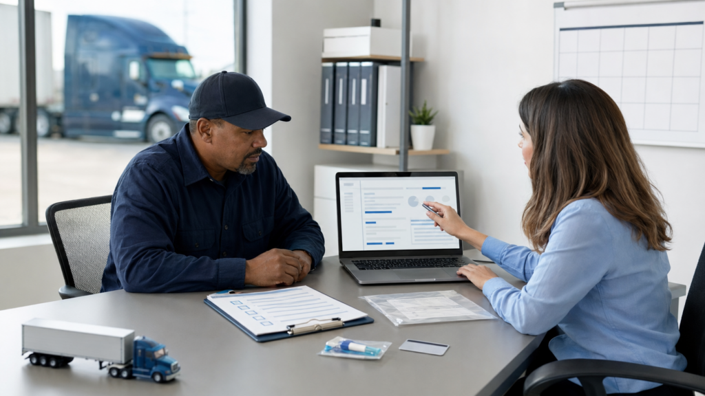 Commercial driver reviewing DOT drug-test refusal and return-to-duty steps with a transportation compliance professional.