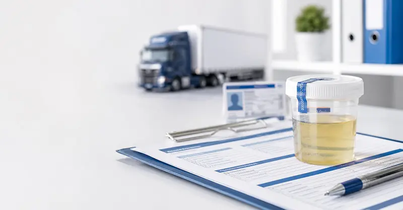 Sealed specimen cup on a drug testing form with a clipboard, pen, CDL-style card, and blurred semi-truck in a clean healthcare compliance setting.